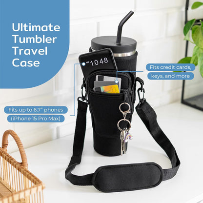 BOZ Water Bottle Bag with Phone Pocket - 1.2L/ 40oz Tumbler Carrier with Strap, Adjustable Water Bottle Holder Sling Bag, Water Bottle Carrier with Strap, Neoprene Protection (Black)