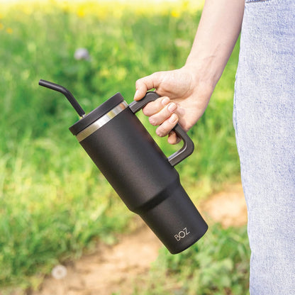 BOZ 40 oz Tumbler with Handle and Straw Lid - Cupholder-Friendly, Insulated Stainless Steel Water Bottle, Reusable Travel Mug, Ideal for Hot & Cold Beverages (Black)