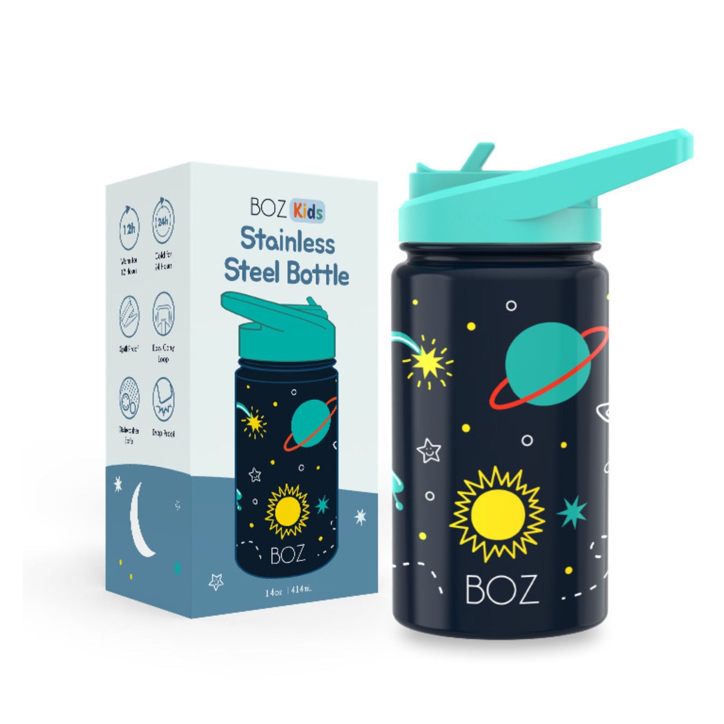 BOZ 14 oz space kids insulated water bottle with straw lid