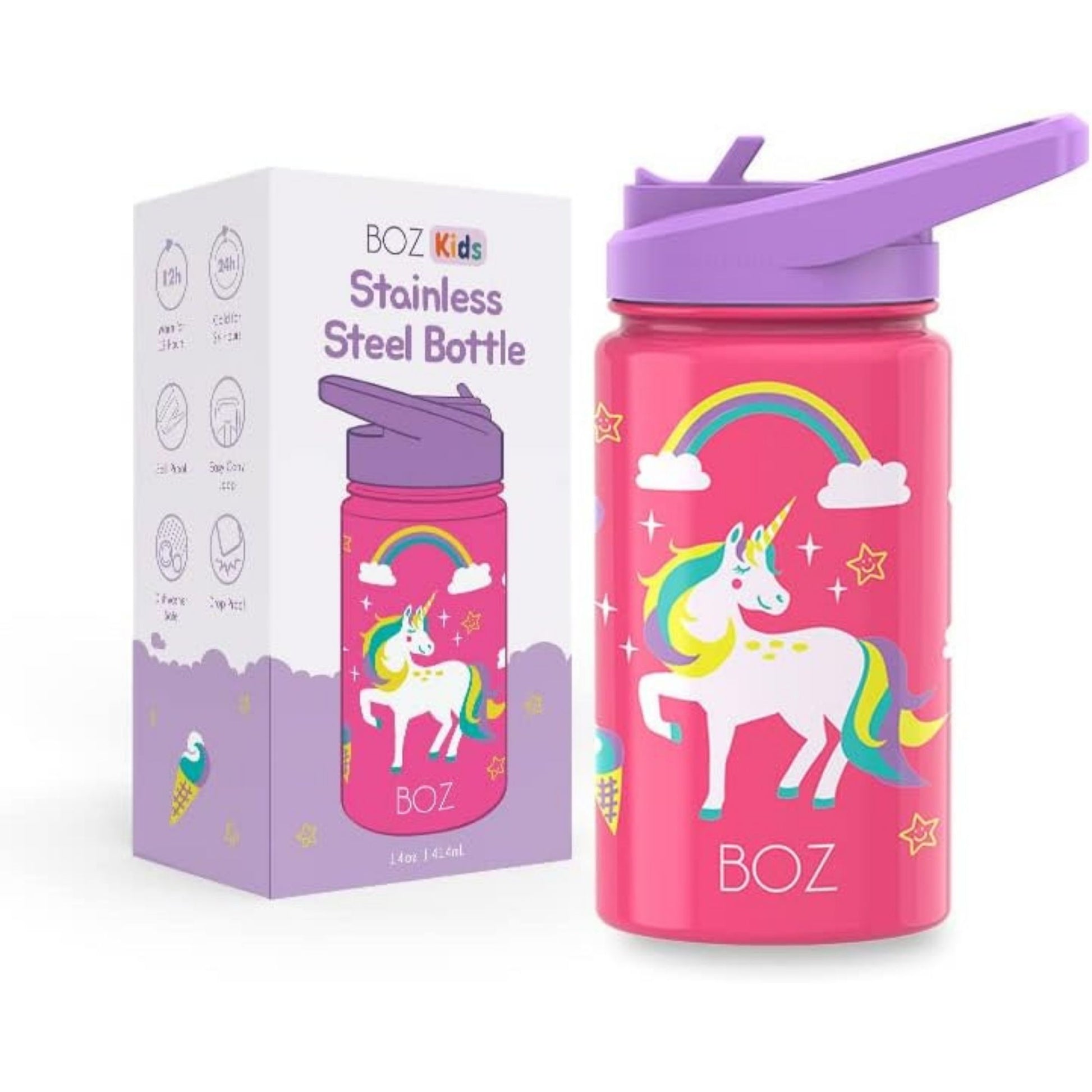 BOZ 14 oz unicorn kids insulated water bottle with straw lid