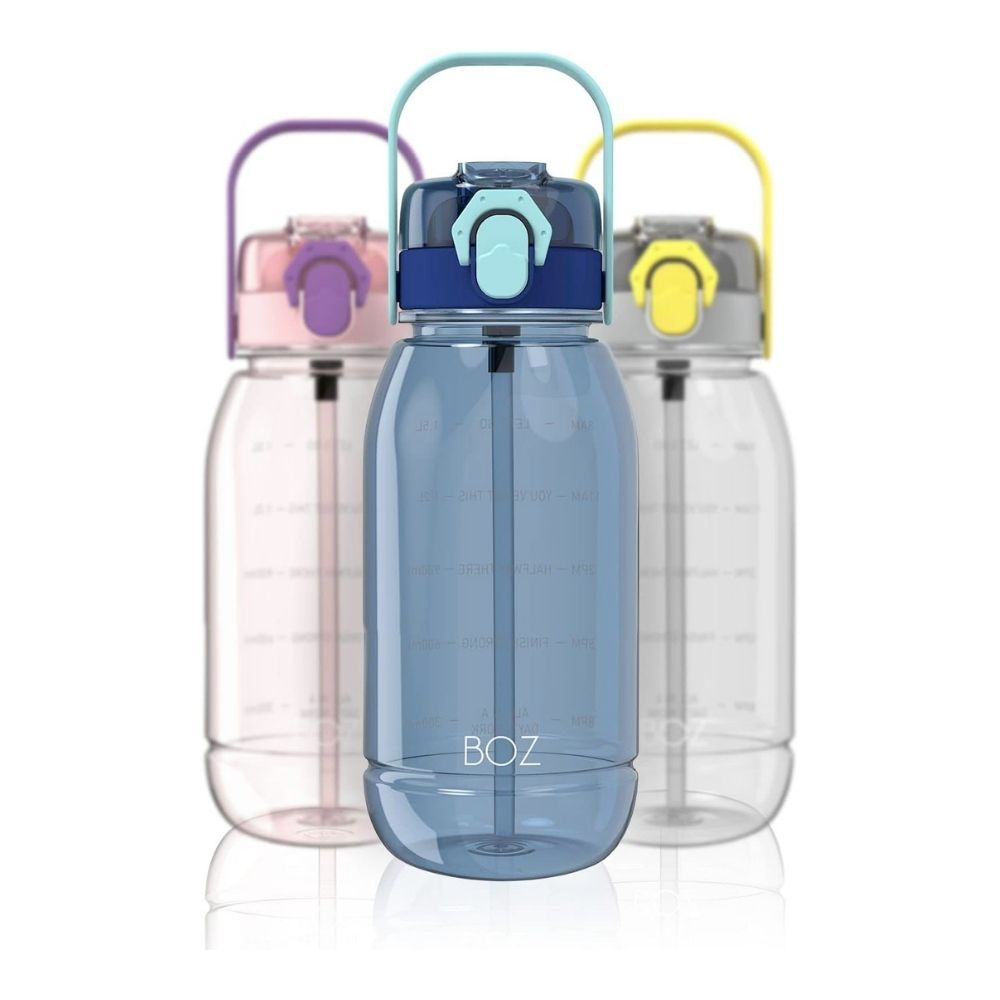 extra large blue water bottle with straw and dual lid