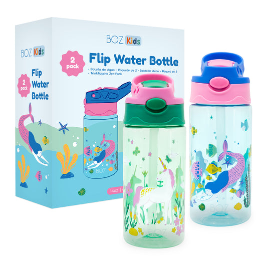 BOZ Kids 2-Pack Flip Water Bottles with Push Button Pop-Up Straw, 14 oz - Mermaid & Unicorn