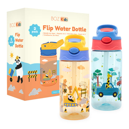BOZ Kids 2-Pack Flip Water Bottles with Push Button Pop-Up Straw, 14 oz - Cars & Construction