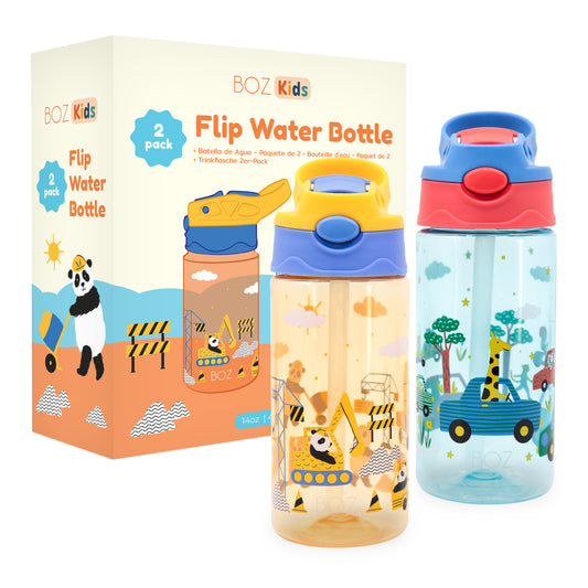 BOZ Kids 2-Pack Flip Water Bottles with Push Button Pop-Up Straw, 14 oz - Cars & Construction