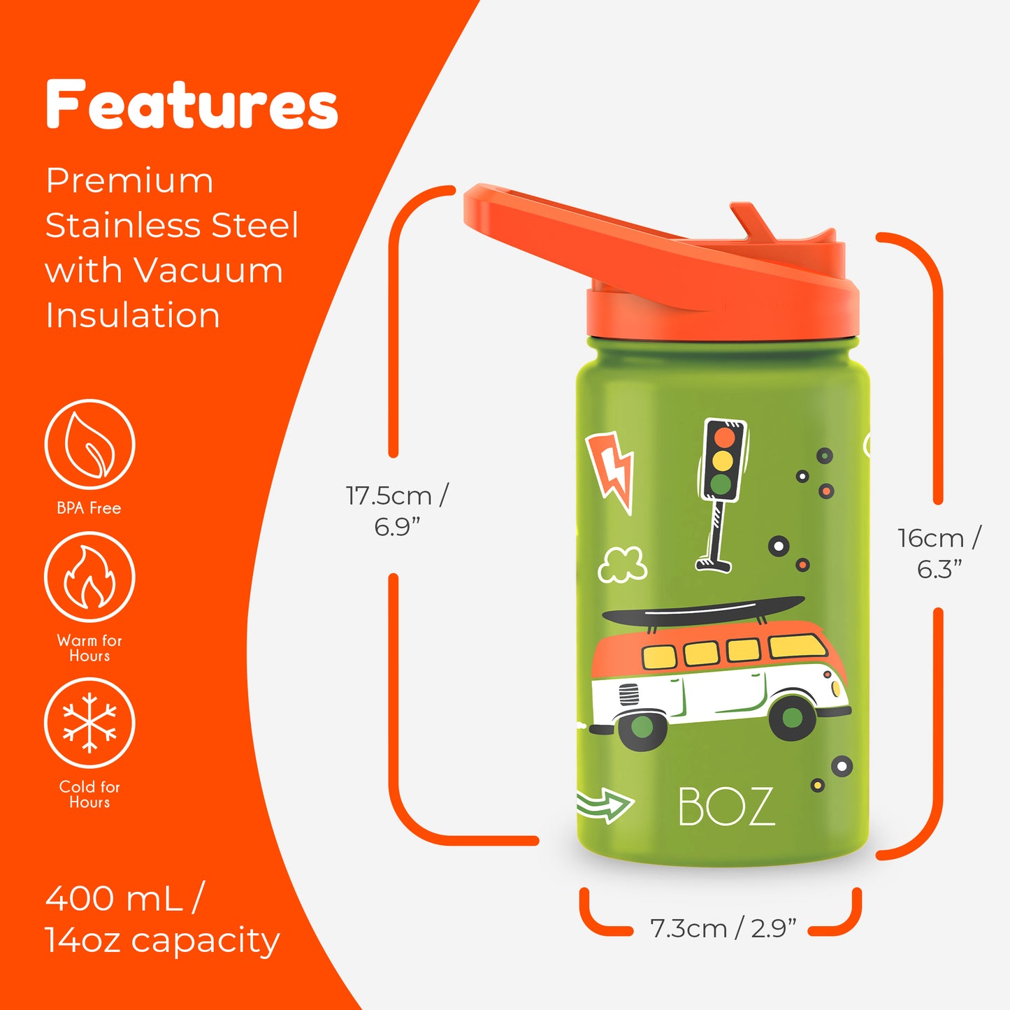 BOZ Kids 14oz Stainless Steel Insulated Water Bottle, Car, Straw Lid, Leak-Proof, BPA-Free, Dishwasher-Safe