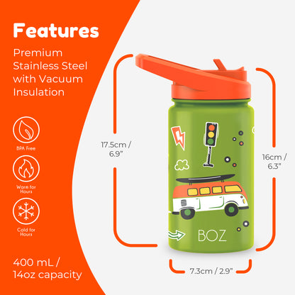 BOZ Kids 14oz Stainless Steel Insulated Water Bottle, Car, Straw Lid, Leak-Proof, BPA-Free, Dishwasher-Safe