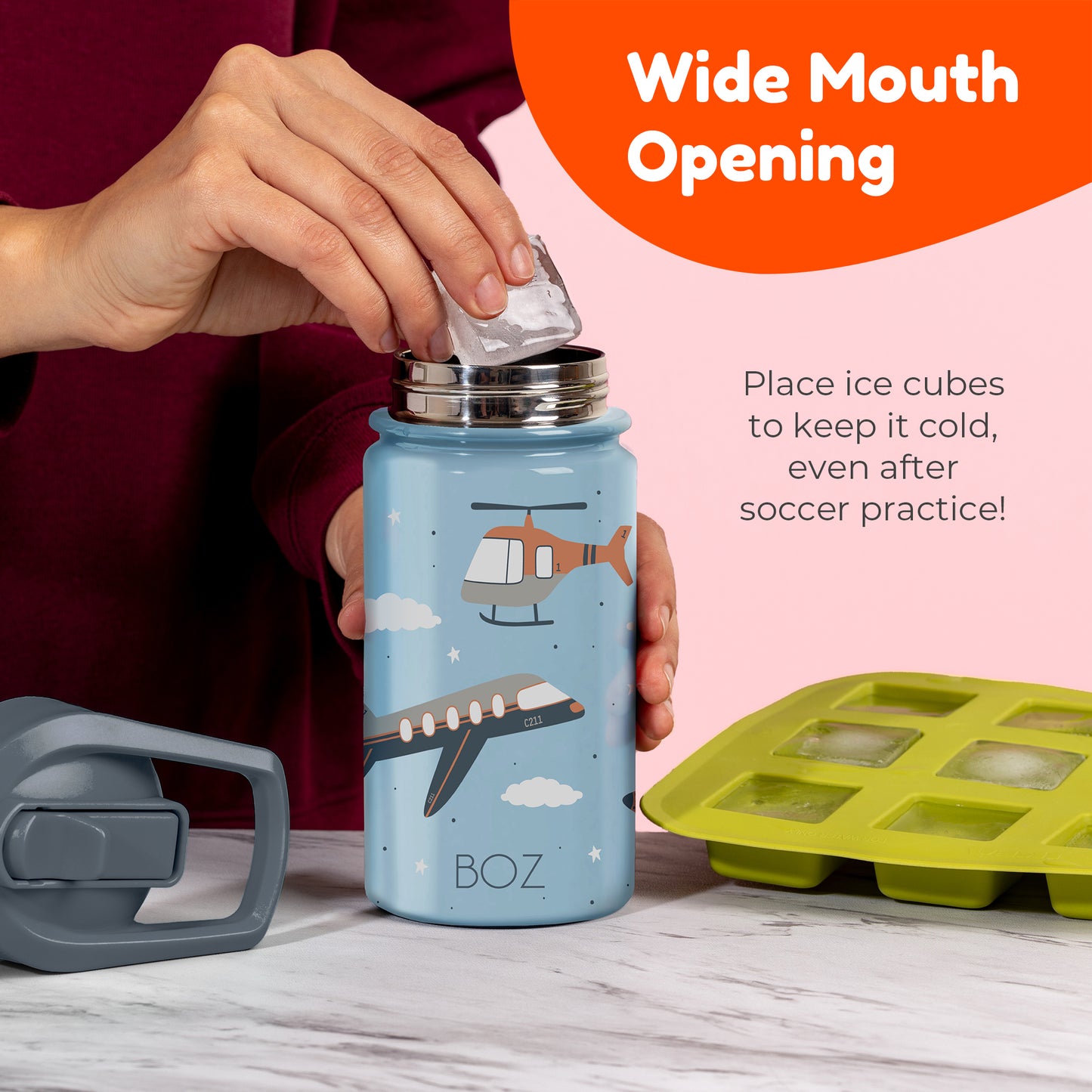 BOZ Kids 14oz Stainless Steel Insulated Water Bottle, Car, Straw Lid, Leak-Proof, BPA-Free, Dishwasher-Safe