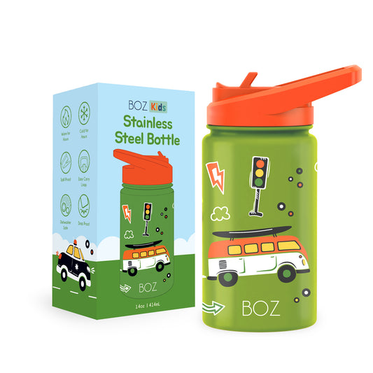 BOZ Kids Insulated Water Bottle with Straw Lid, 14 oz - Cars