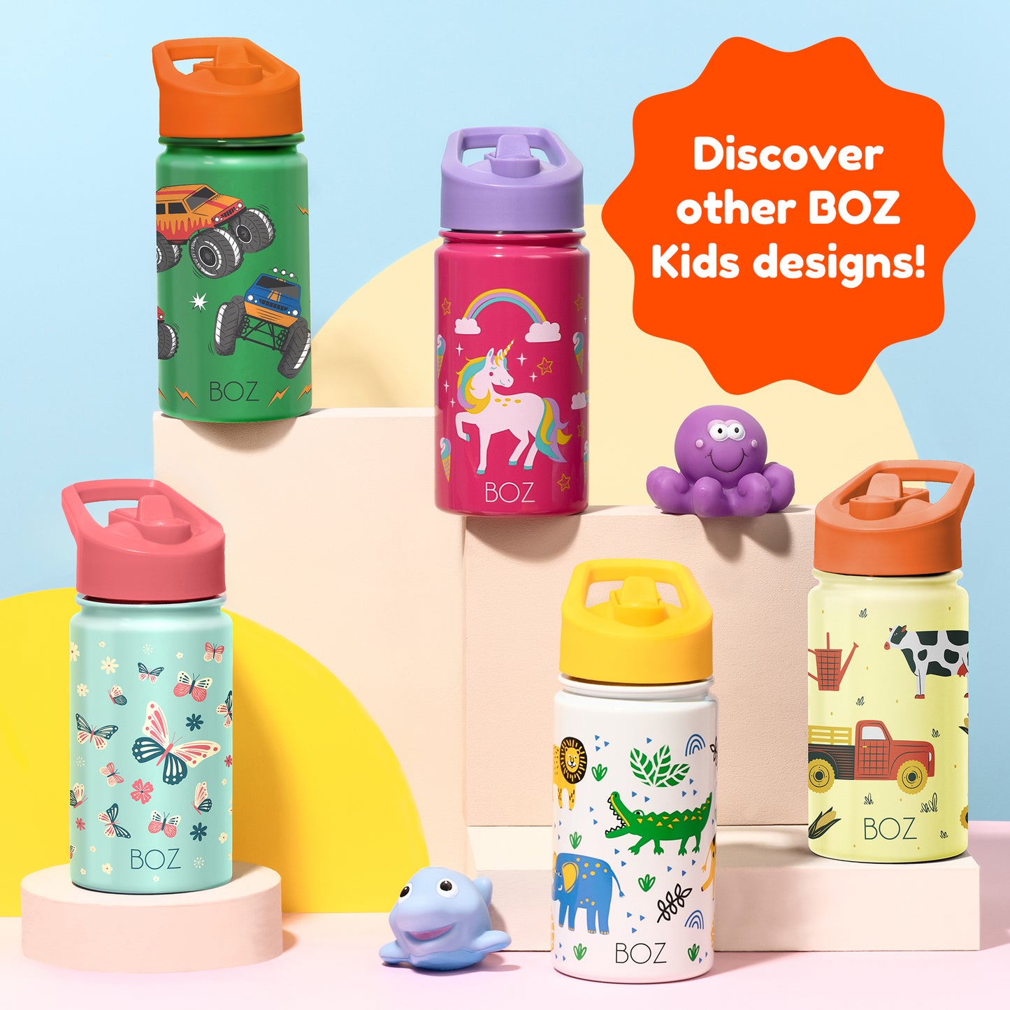 BOZ Kids 14oz Stainless Steel Insulated Water Bottle, Car, Straw Lid, Leak-Proof, BPA-Free, Dishwasher-Safe