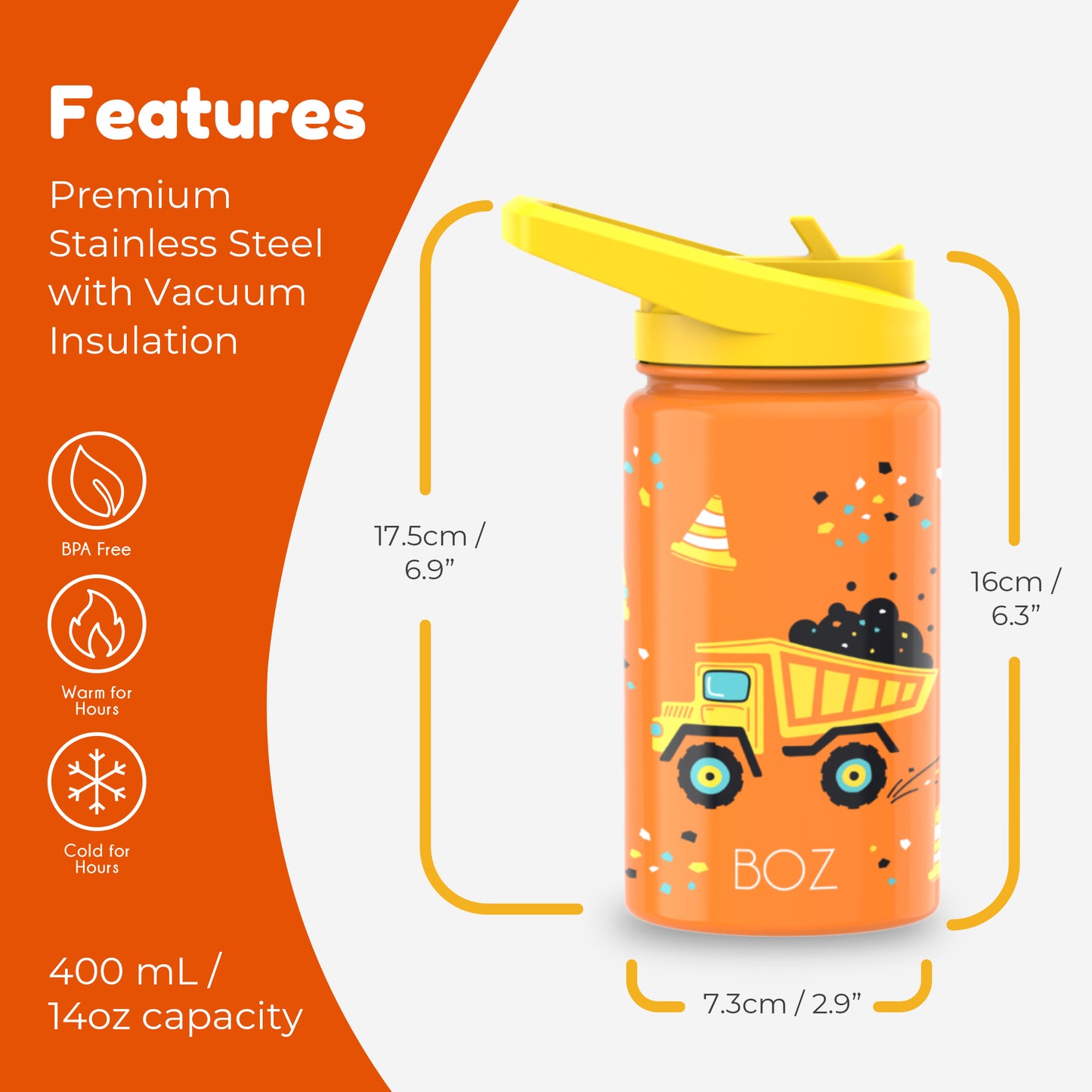 BOZ Kids 14oz Stainless Steel Insulated Water Bottle, Construction, Straw Lid, Leak-Proof, BPA-Free, Dishwasher-Safe