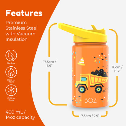 BOZ Kids 14oz Stainless Steel Insulated Water Bottle, Construction, Straw Lid, Leak-Proof, BPA-Free, Dishwasher-Safe