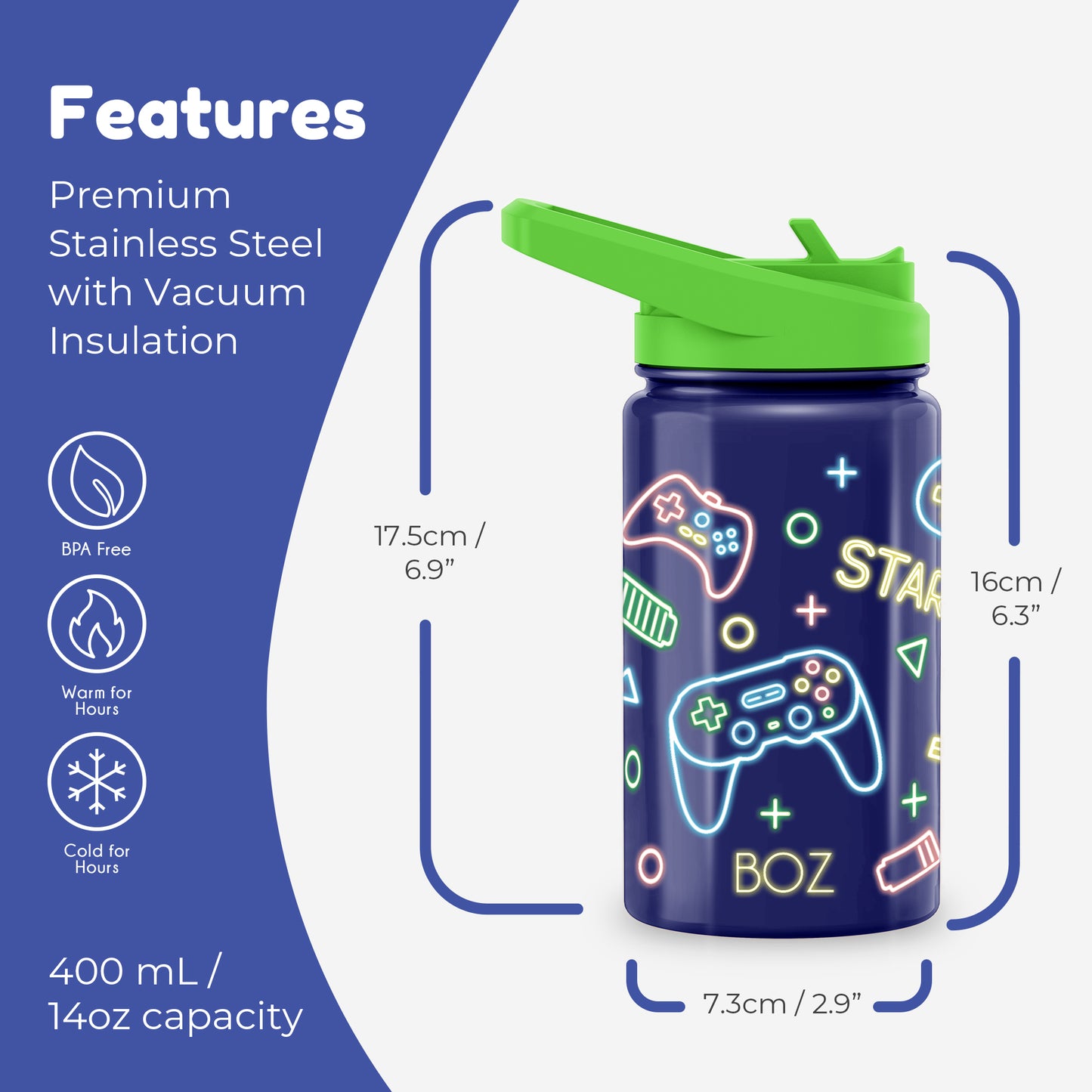 BOZ Kids 14oz Stainless Steel Insulated Water Bottle, Game, Straw Lid, Leak-Proof, BPA-Free, Dishwasher-Safe