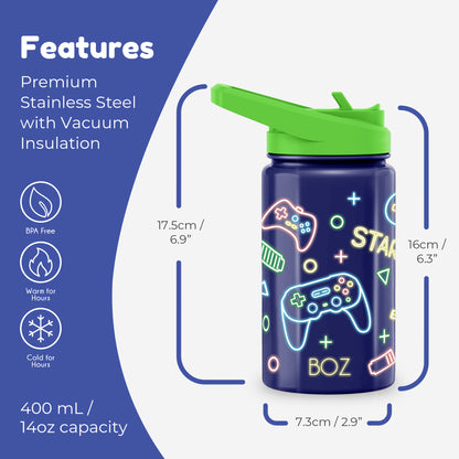 BOZ Kids 14oz Stainless Steel Insulated Water Bottle, Game, Straw Lid, Leak-Proof, BPA-Free, Dishwasher-Safe