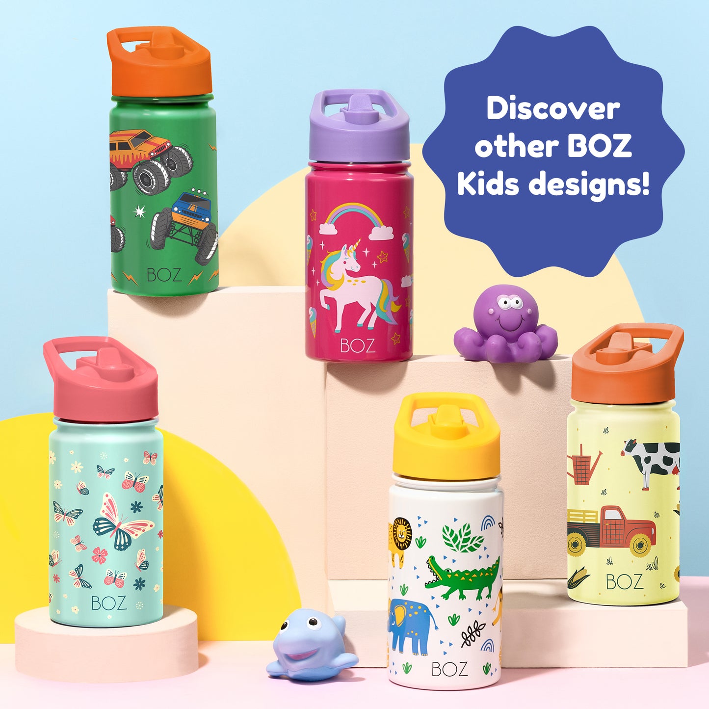 BOZ Kids 14oz Stainless Steel Insulated Water Bottle, Game, Straw Lid, Leak-Proof, BPA-Free, Dishwasher-Safe