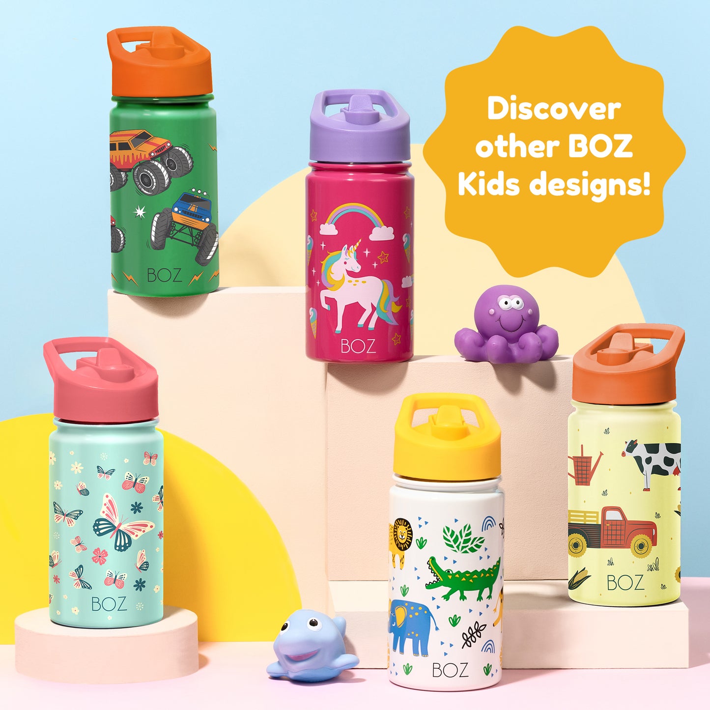 BOZ Kids 14oz Stainless Steel Insulated Water Bottle, Safari, Straw Lid, Leak-Proof, BPA-Free, Dishwasher-Safe