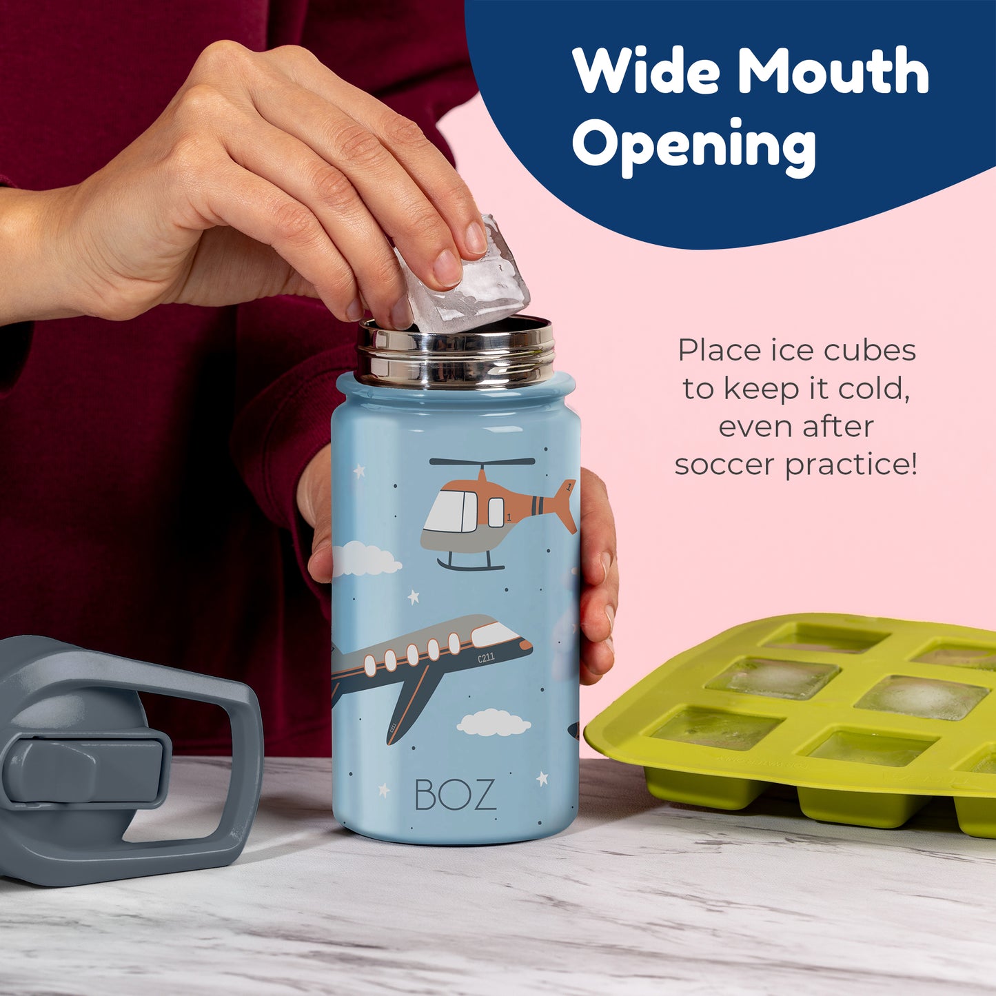 BOZ Kids 14oz Stainless Steel Insulated Water Bottle, Dinosaur, Straw Lid, Leak-Proof, BPA-Free, Dishwasher-Safe