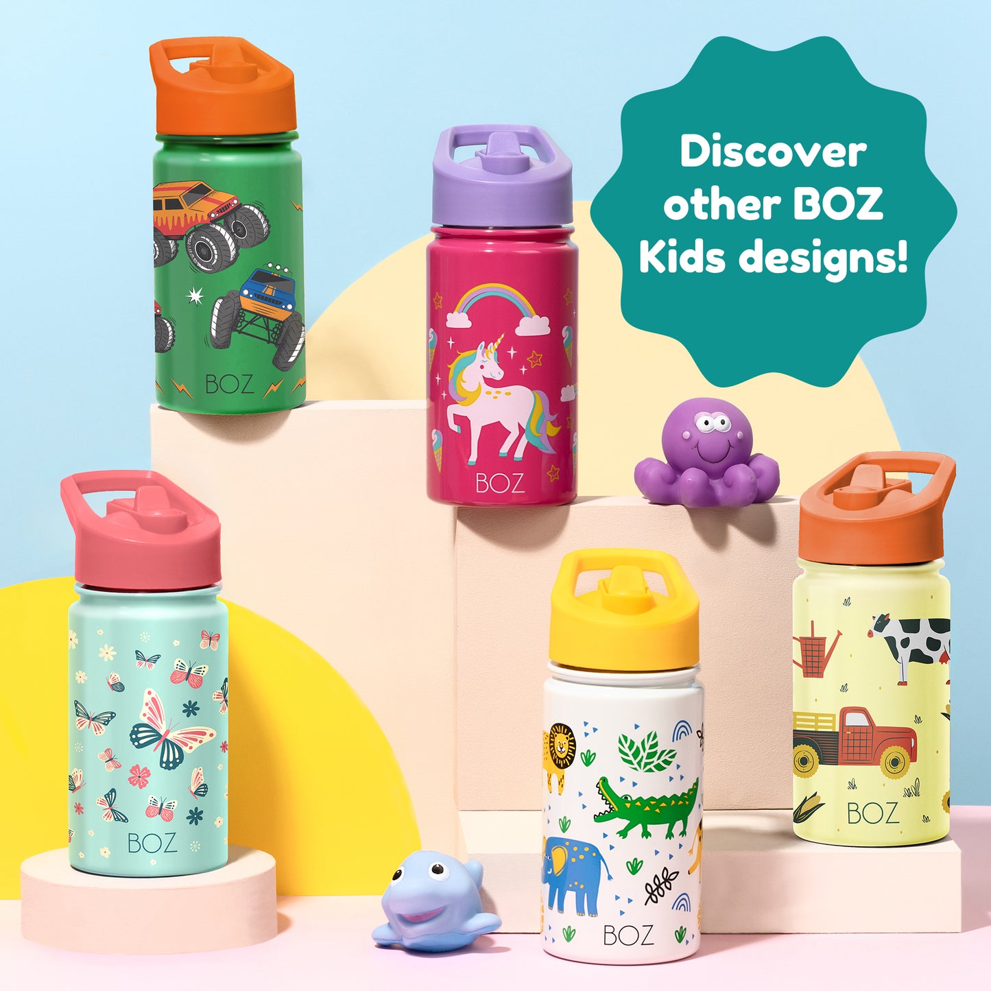 BOZ Kids 14oz Stainless Steel Insulated Water Bottle, Space, Straw Lid, Leak-Proof, BPA-Free, Dishwasher-Safe