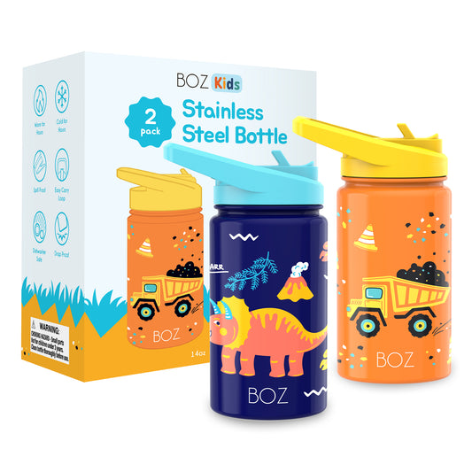 BOZ Kids 2-Pack Insulated Water Bottles with Straw Lid, 14 oz - Construction & Dinosaur