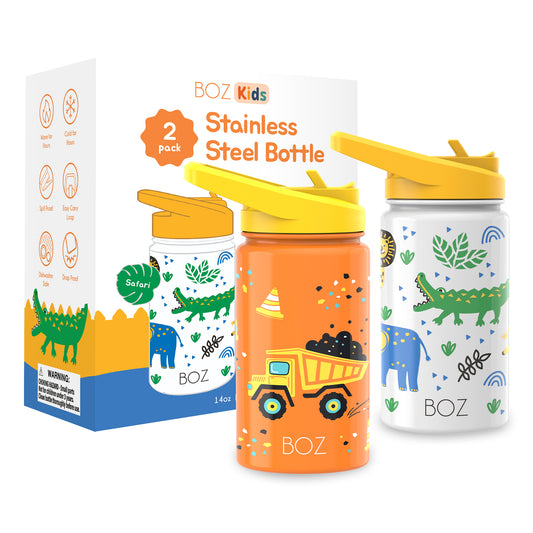 BOZ Kids 2-Pack Insulated Water Bottles with Straw Lid, 14 oz - Construction & Safari