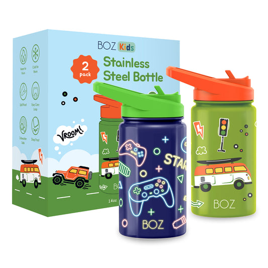 BOZ Kids 2-Pack Insulated Water Bottles with Straw Lid, 14 oz - Game & Car