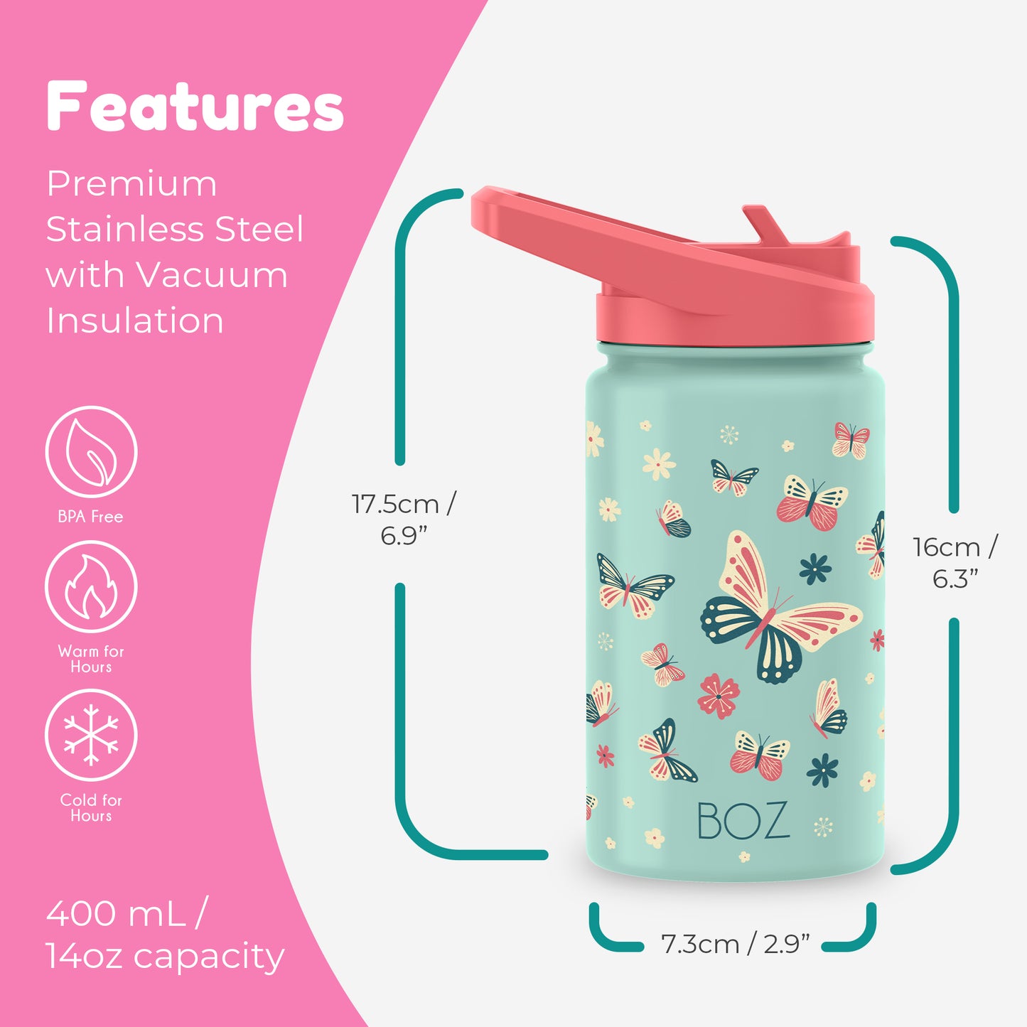 BOZ Kids 14oz Stainless Steel Insulated Water Bottle, Butterfly, Straw Lid, Leak-Proof, BPA-Free, Dishwasher-Safe