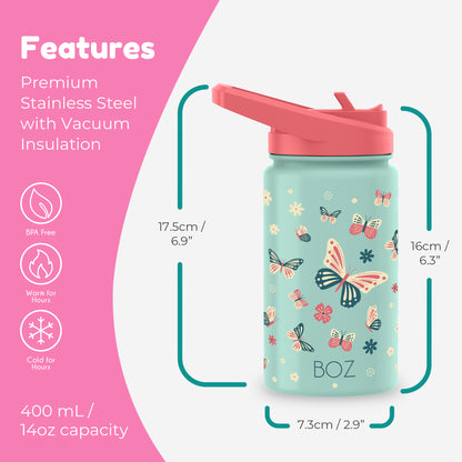 BOZ Kids 14oz Stainless Steel Insulated Water Bottle, Butterfly, Straw Lid, Leak-Proof, BPA-Free, Dishwasher-Safe