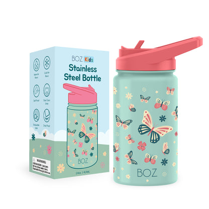 BOZ Kids Insulated Water Bottle with Straw Lid, 14 oz - Butterfly