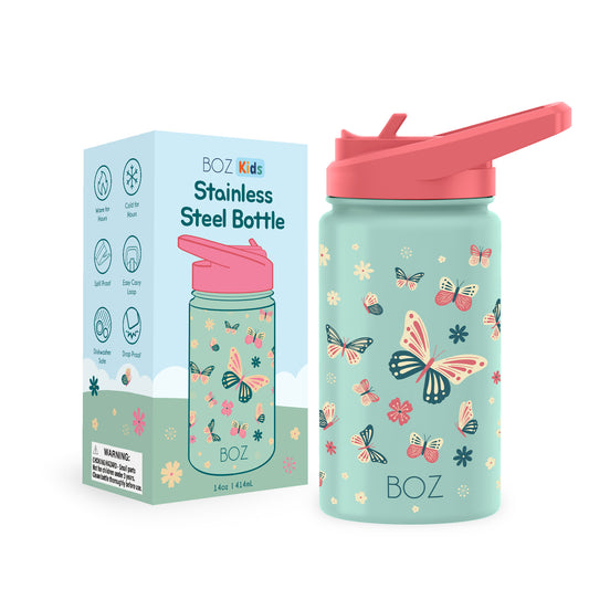 BOZ Kids Insulated Water Bottle with Straw Lid, 14 oz - Butterfly