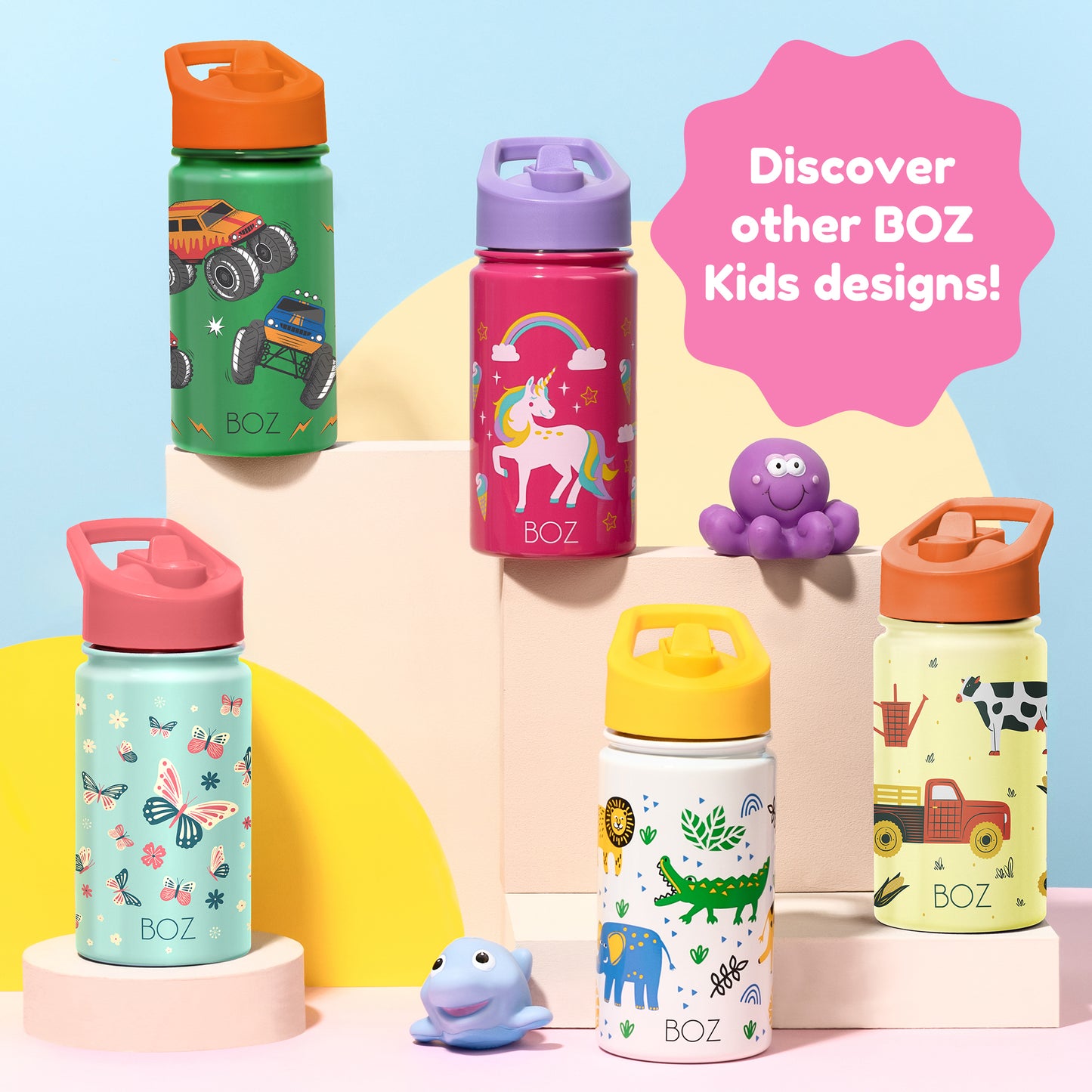 BOZ Kids 14oz Stainless Steel Insulated Water Bottle, Butterfly, Straw Lid, Leak-Proof, BPA-Free, Dishwasher-Safe