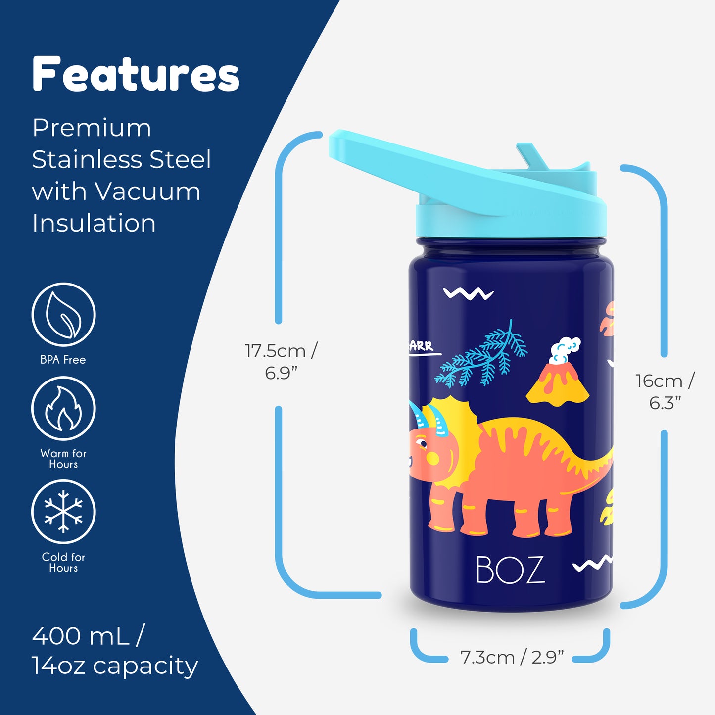 BOZ Kids 14oz Stainless Steel Insulated Water Bottle, Dinosaur, Straw Lid, Leak-Proof, BPA-Free, Dishwasher-Safe