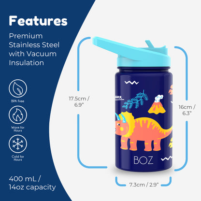 BOZ Kids 14oz Stainless Steel Insulated Water Bottle, Dinosaur, Straw Lid, Leak-Proof, BPA-Free, Dishwasher-Safe