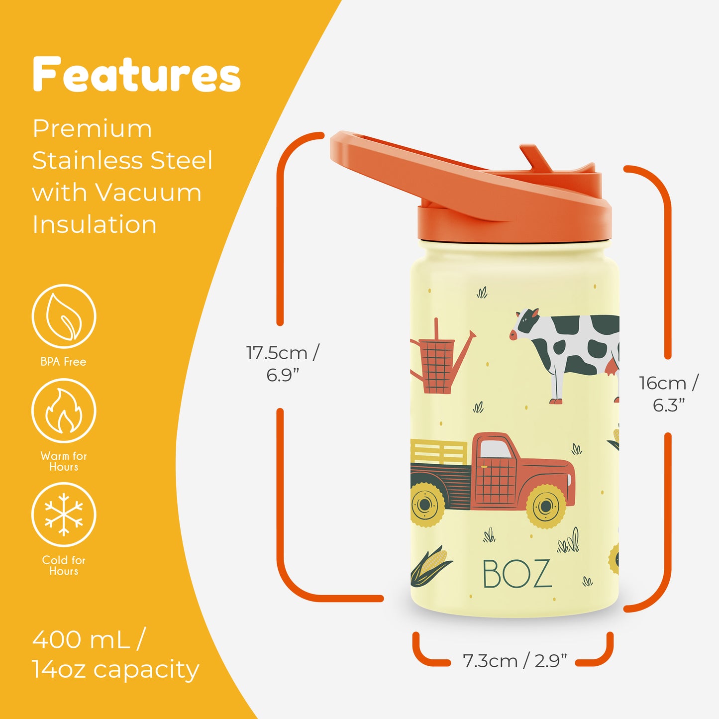 BOZ Kids 14oz Stainless Steel Insulated Water Bottle, Farm, Straw Lid, Leak-Proof, BPA-Free, Dishwasher-Safe