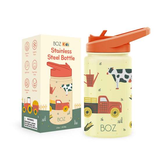 BOZ Kids Insulated Water Bottle with Straw Lid, 14 oz - Farm