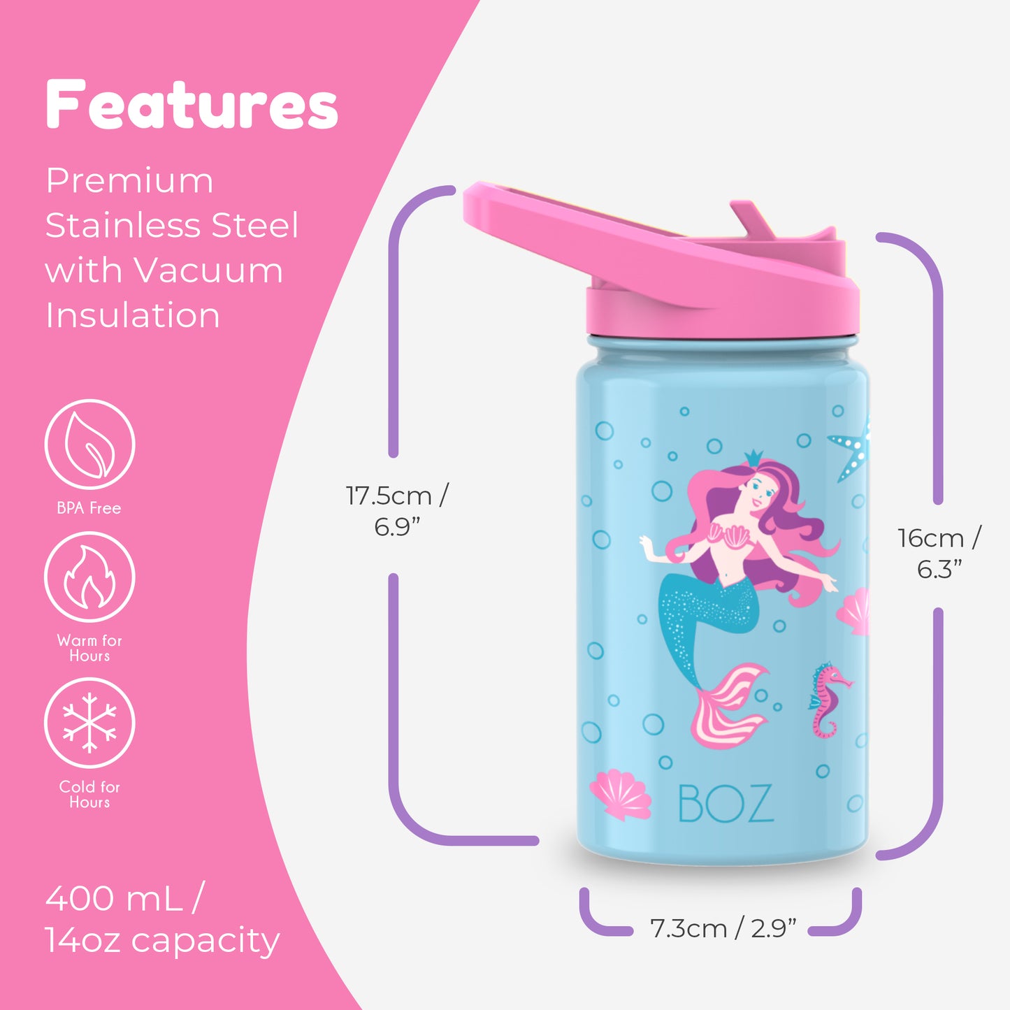 BOZ Kids 14oz Stainless Steel Insulated Water Bottle, Mermaid, Straw Lid, Leak-Proof, BPA-Free, Dishwasher-Safe