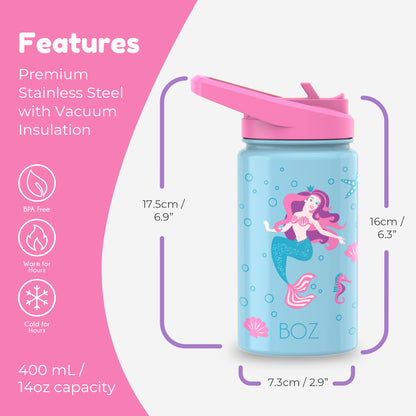BOZ Kids 14oz Stainless Steel Insulated Water Bottle, Mermaid, Straw Lid, Leak-Proof, BPA-Free, Dishwasher-Safe