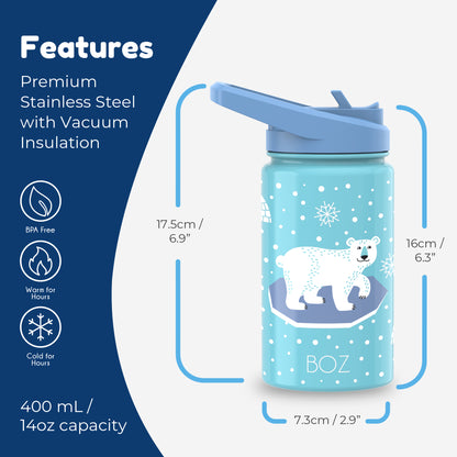 BOZ Kids 14oz Stainless Steel Insulated Water Bottle, Polar, Straw Lid, Leak-Proof, BPA-Free, Dishwasher-Safe