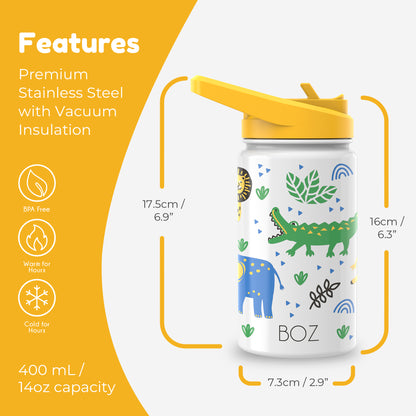 BOZ Kids 14oz Stainless Steel Insulated Water Bottle, Safari, Straw Lid, Leak-Proof, BPA-Free, Dishwasher-Safe