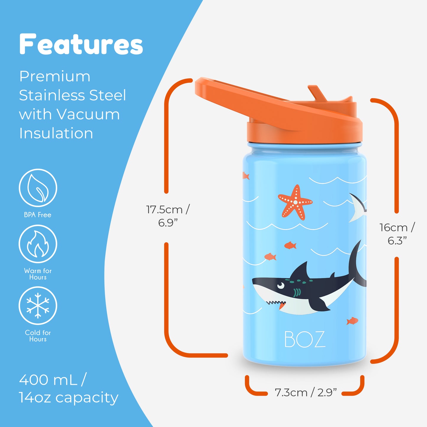 BOZ Kids 14oz Stainless Steel Insulated Water Bottle, Shark, Straw Lid, Leak-Proof, BPA-Free, Dishwasher-Safe
