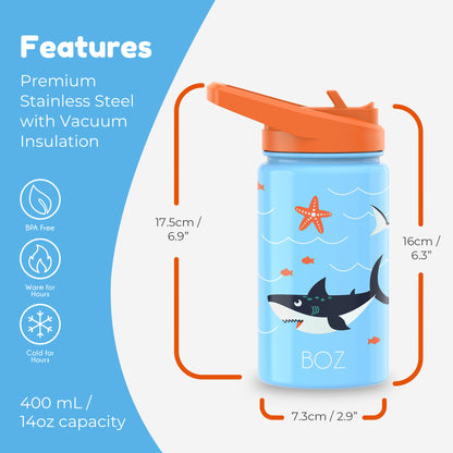 BOZ Kids 14oz Stainless Steel Insulated Water Bottle, Shark, Straw Lid, Leak-Proof, BPA-Free, Dishwasher-Safe