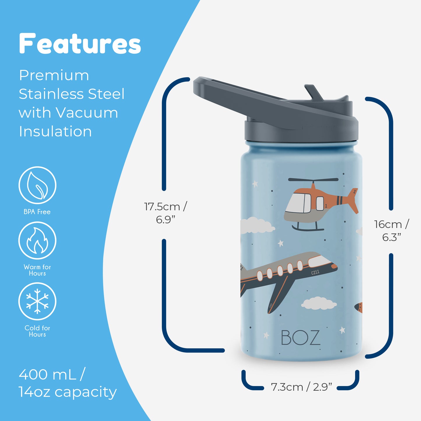 BOZ Kids 14oz Stainless Steel Insulated Water Bottle, Sky, Straw Lid, Leak-Proof, BPA-Free, Dishwasher-Safe