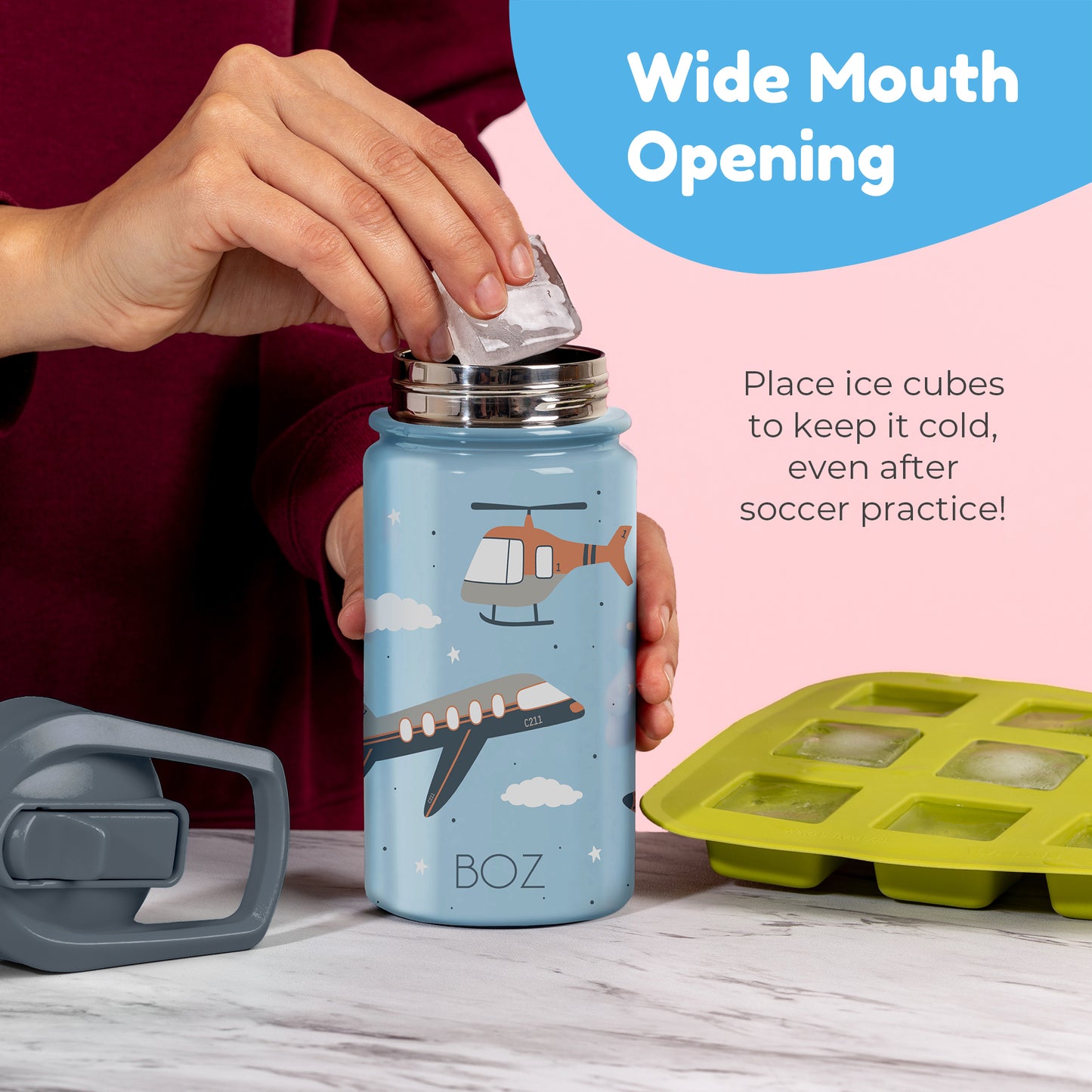 BOZ Kids 14oz Stainless Steel Insulated Water Bottle, Sky, Straw Lid, Leak-Proof, BPA-Free, Dishwasher-Safe