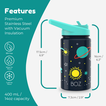 BOZ Kids 14oz Stainless Steel Insulated Water Bottle, Space, Straw Lid, Leak-Proof, BPA-Free, Dishwasher-Safe
