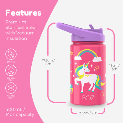 BOZ Kids 14oz Stainless Steel Insulated Water Bottle, Unicorn, Straw Lid, Leak-Proof, BPA-Free, Dishwasher-Safe