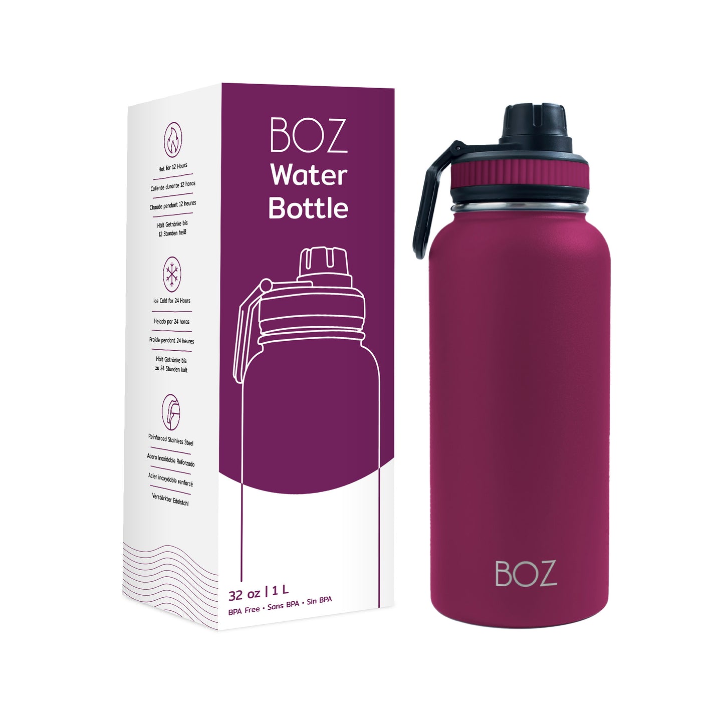 BOZ Stainless Steel Vacuum Insulated Water Bottle 32 oz - Plum