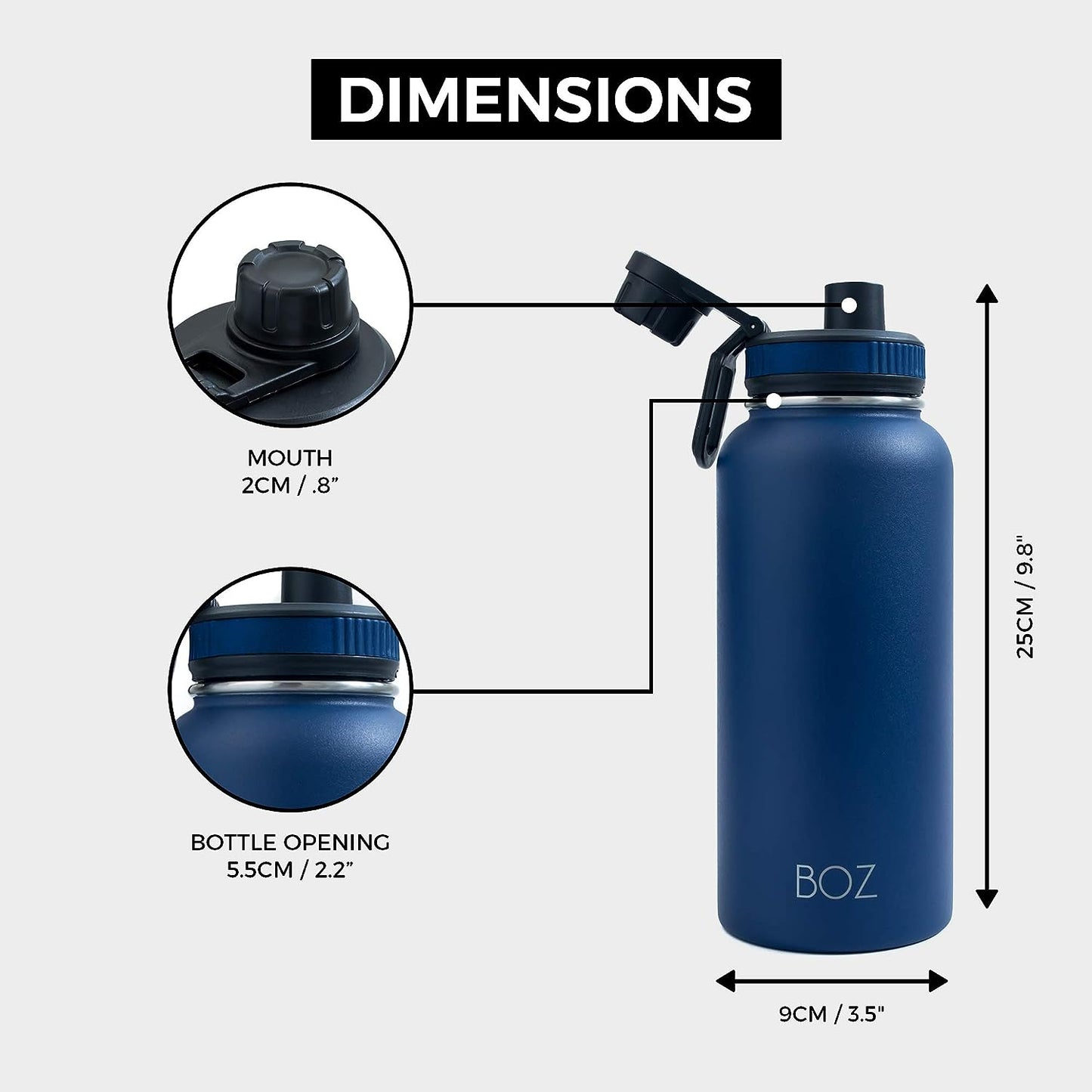 Blue stainless steel water bottle dimensions