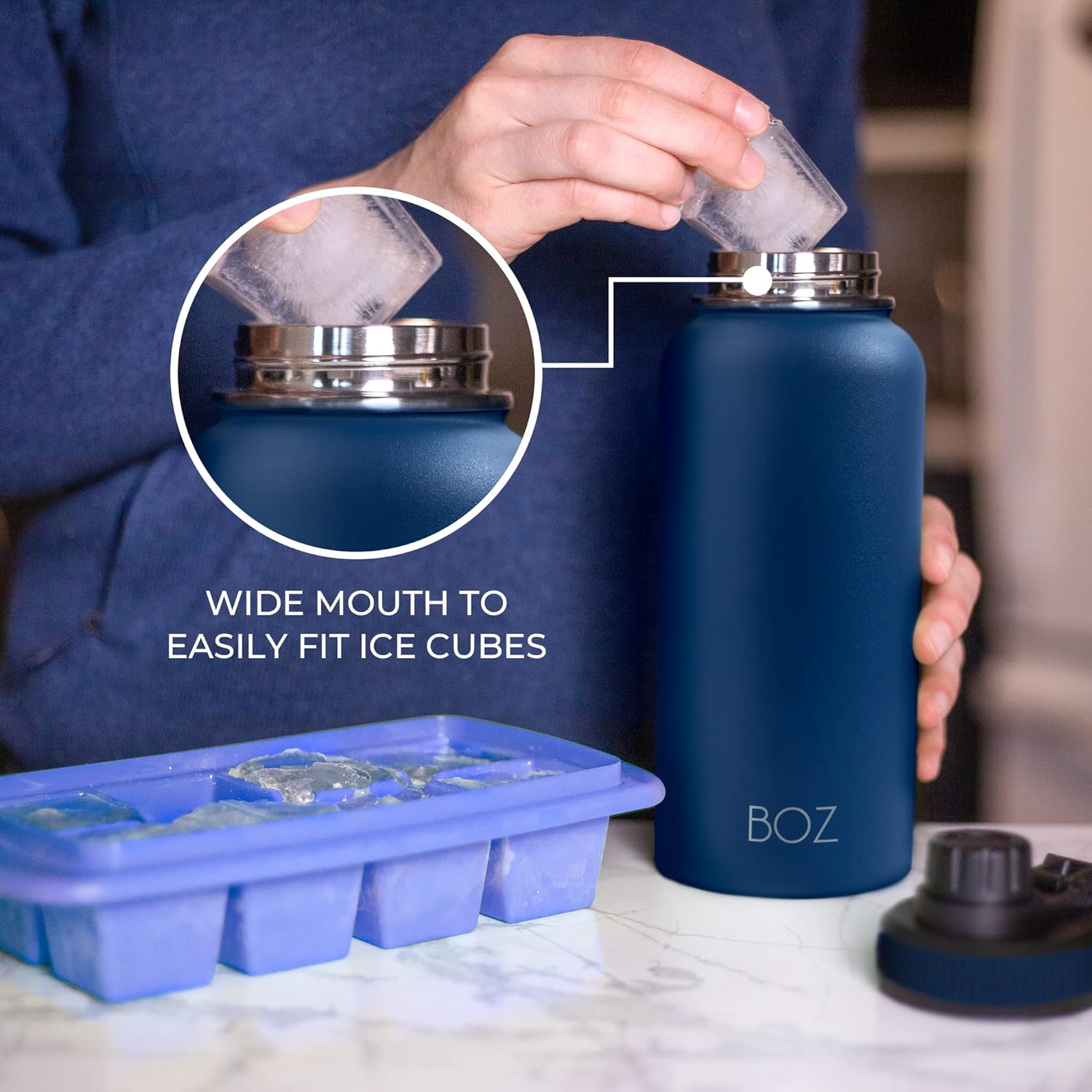 Blue wide mouth water bottle to fit ice cube