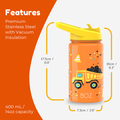 Construction kids insulated water bottle features