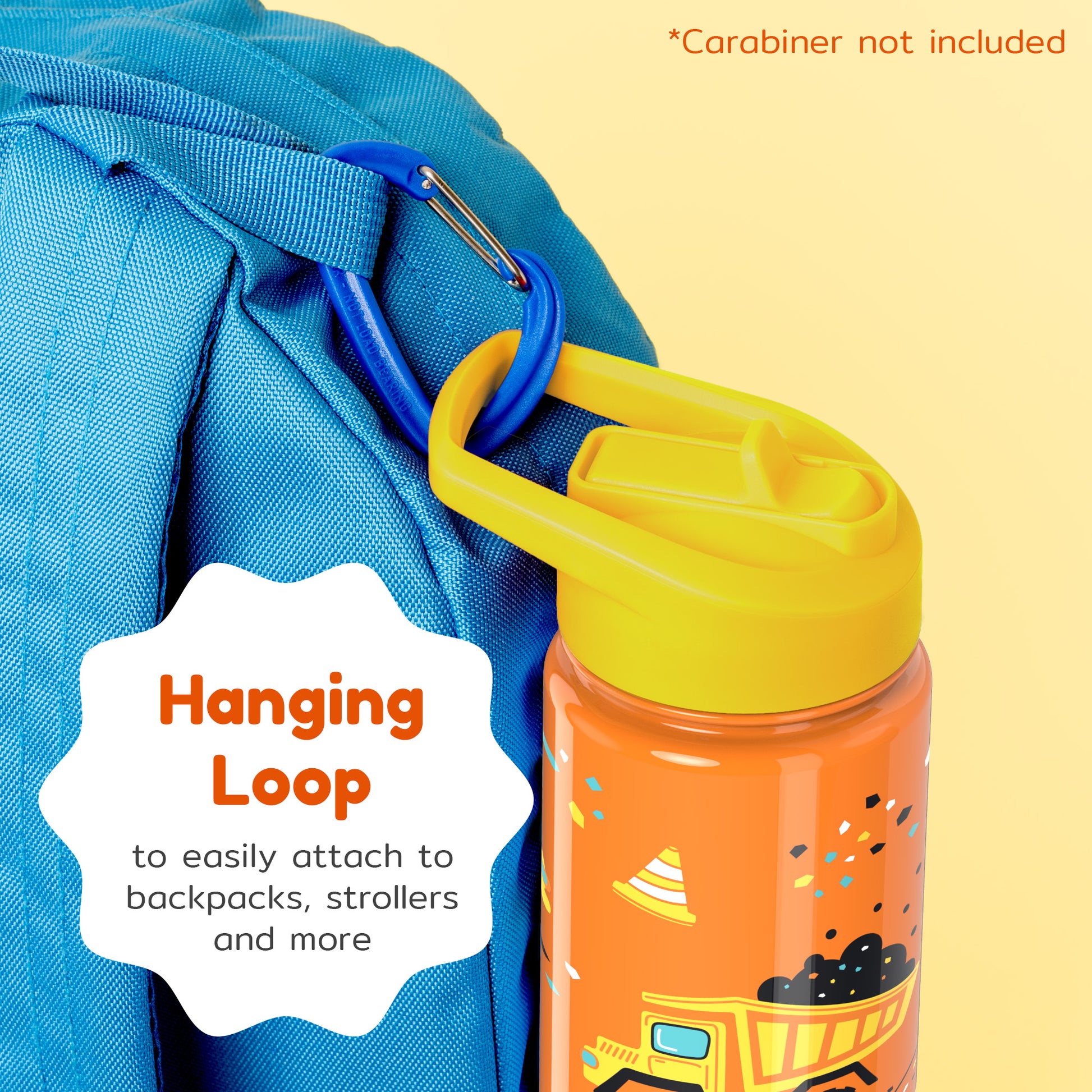 Construction kids water bottle with hanging loop