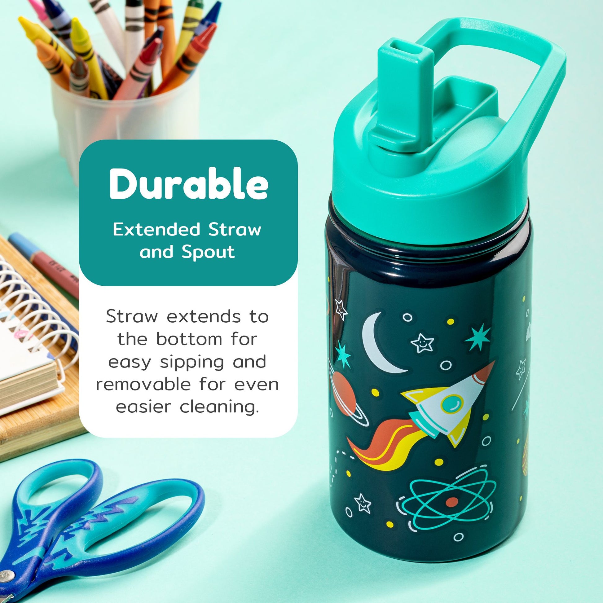 Durable space kids water bottle with straw