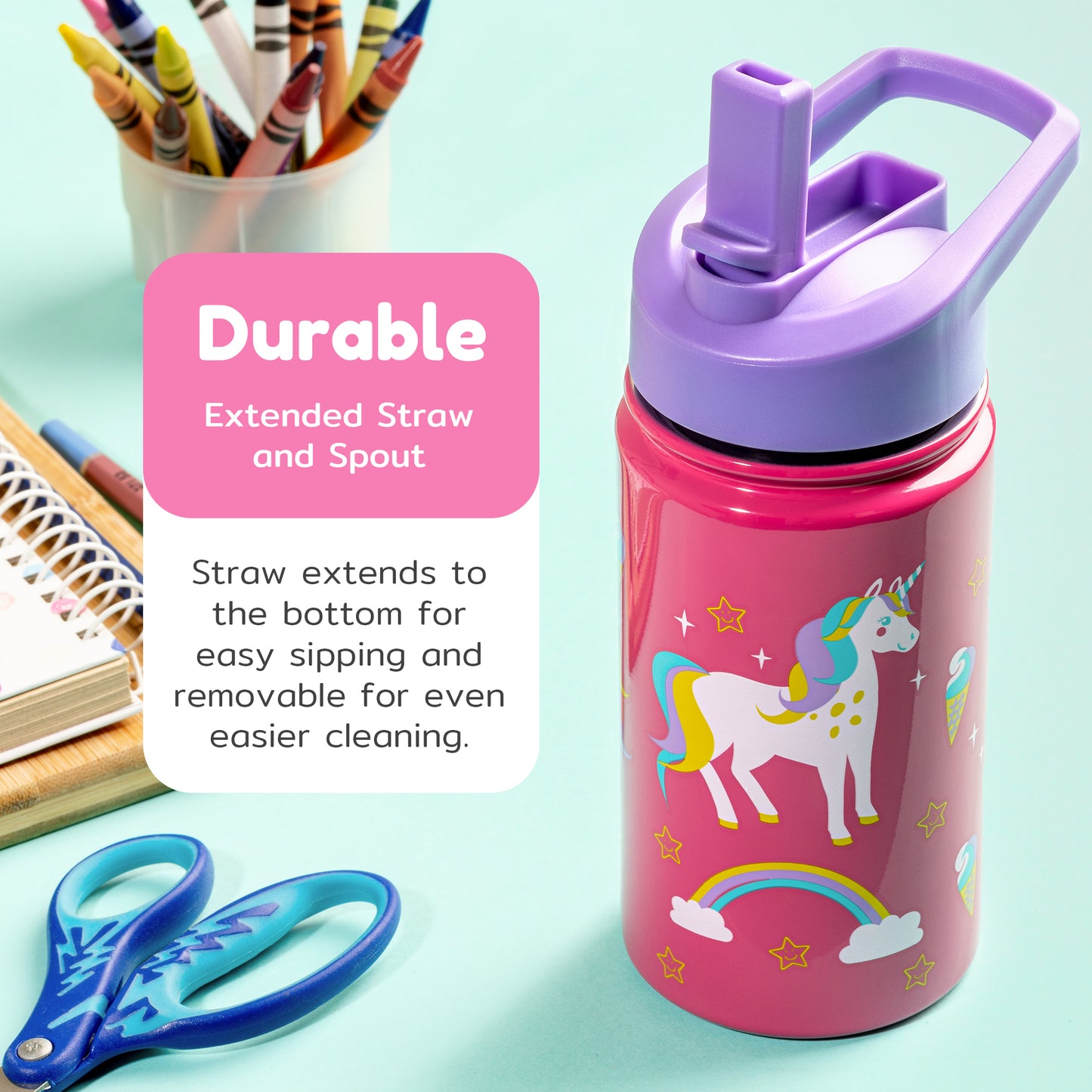 Durable unicorn kids water bottle with straw